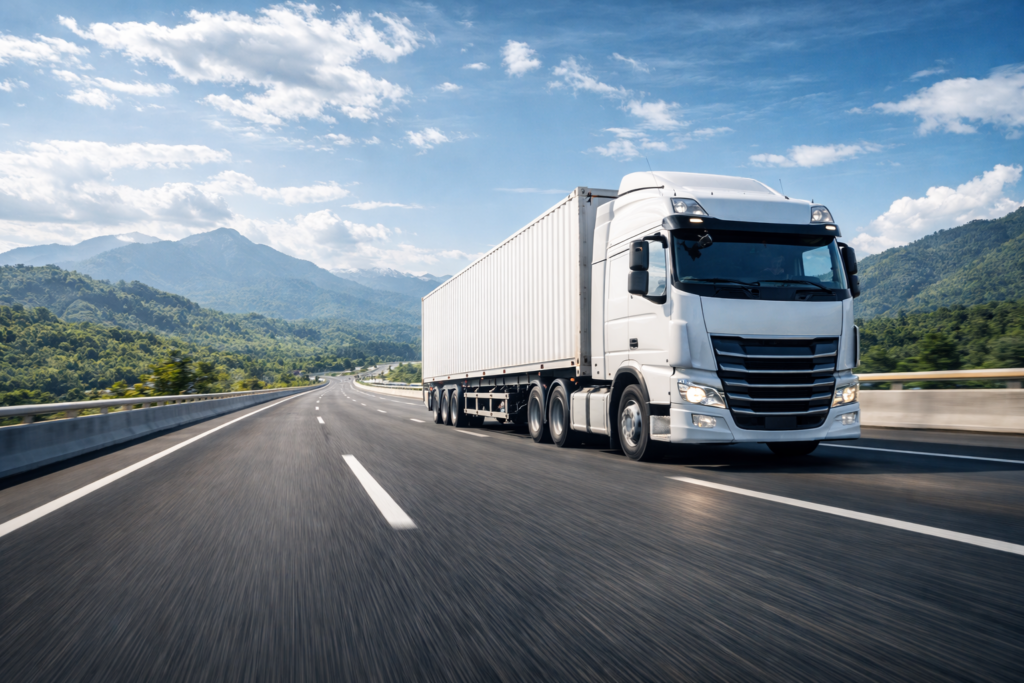 White truck in motion on highway